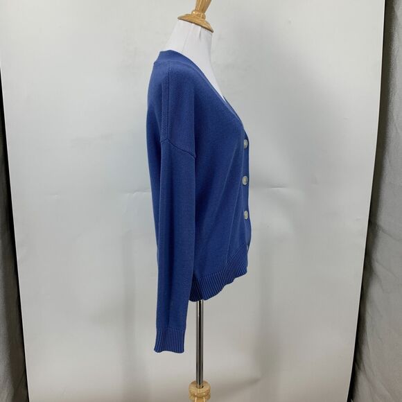 Loft Ann Taylor Cardigan Womens S Small Cadet Blue Cotton Big Button Ribbed Trim - Picture 4 of 14